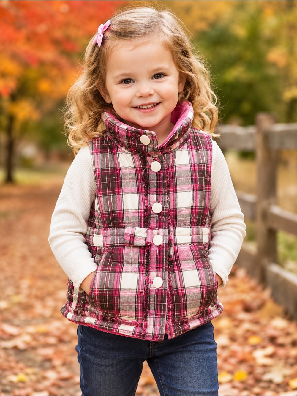 Vintage Baby Gap Girls Plaid Puffer Vest 3T Pink Brown Ruffle Y2K